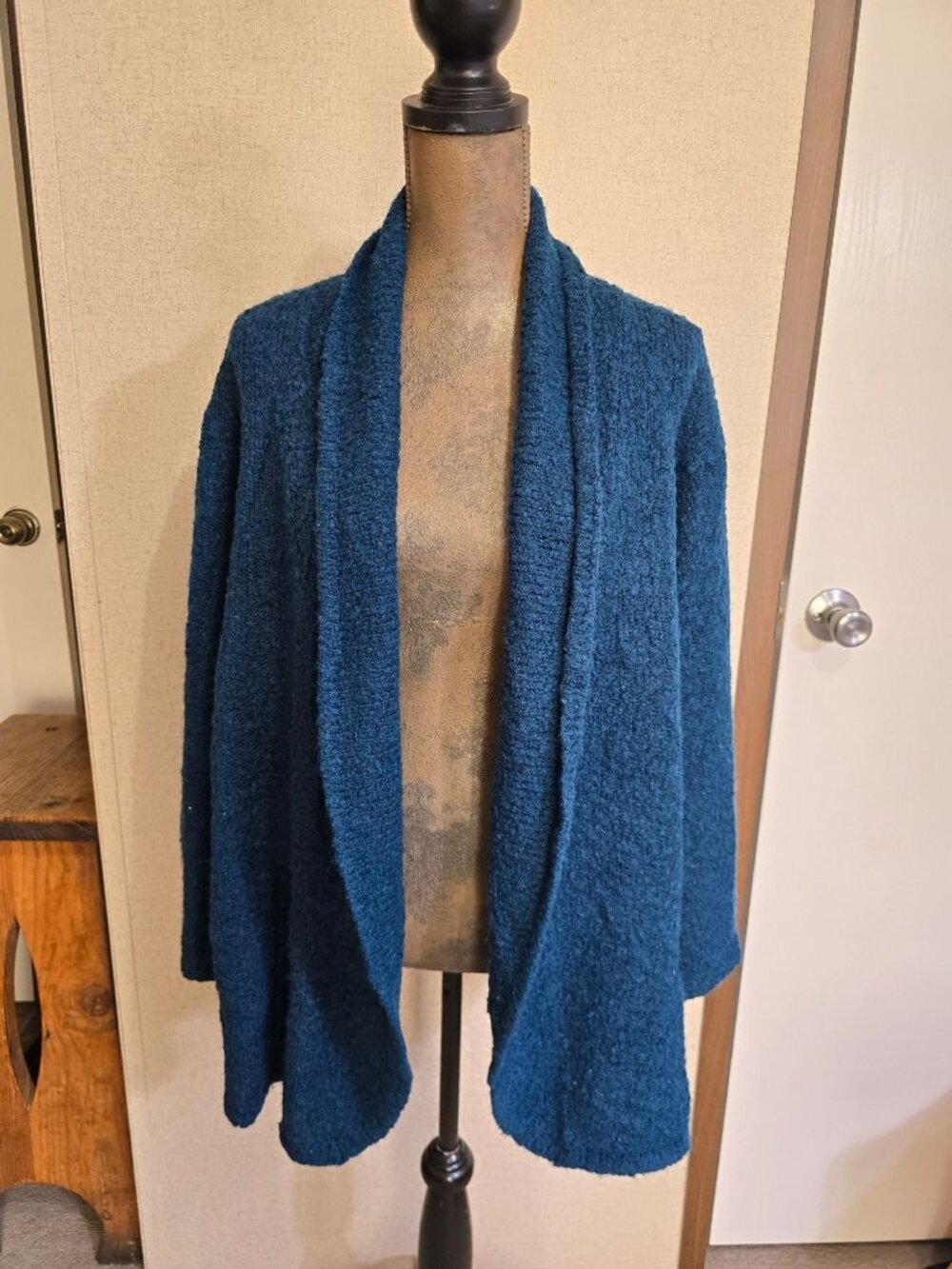 Karen Scott 2X Open Front Cardigan Dark Teal Blue Wool Blend Sweater